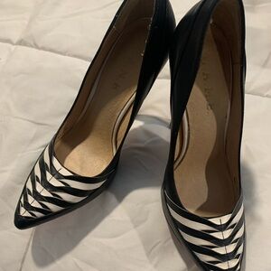L.A.M.B. Black and White Striped Heels